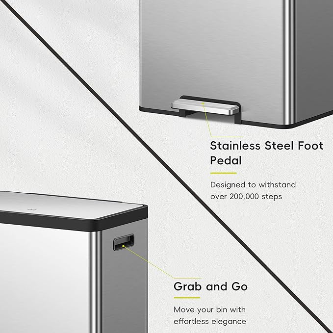 EKO EcoCasa II Rectangular Kitchen Step Trash Can, 20L+20L Dual Compartment Recycling Bins, Stainless Steel Lid and Pedal, Odor-Proof, Fingerprint Resistant