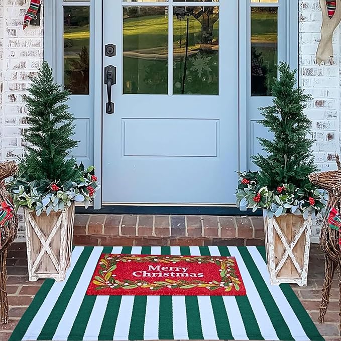 CAINANEL Christmas Outdoor mat 27.5"x43" Green and White Striped Outdoor Rug Front Porch Rug,Christmas Home Decor, Layerd Welcome Doormat for Front Porch Decor, Front Door, Farmhouse Decor