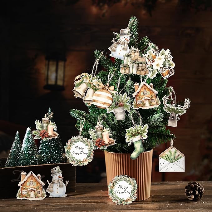 Huwena 36 Pcs Woodland Christmas Ornaments Farmhouse Winter Wooden Ornaments Snowman Reindeer Wreath Bells Flowers Wood Cutouts Tags with Ropes Country Neutral Christmas Decor for Xmas Tree Gifts