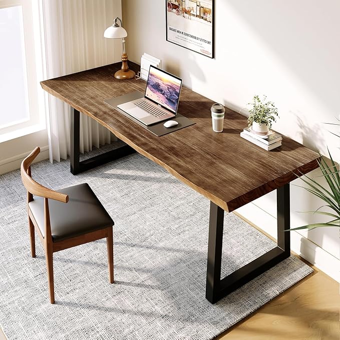 Solid Wood Desk 55 inches, Home Office Computer Desk Wooden Rustic Writing Desk Metal Modern Simple Design Executive Real Wood Desk (Brown)