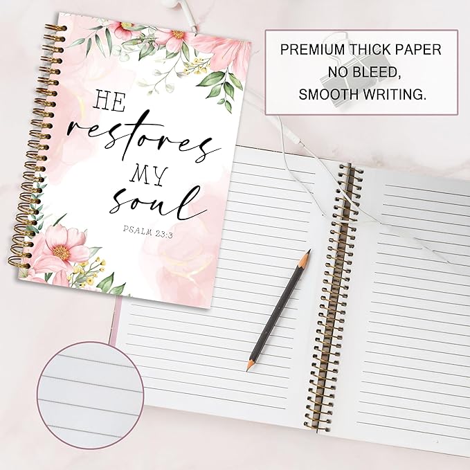 Bible Notebook, A5 Spiral Christian Journal with Floral Pink Butterfly Notebook, Bible Verse-He Restores My Soul, Inspirational Notebooks for Women, Bible Study, Gift for Birthday Christmas, Office Supplies (Light pink)