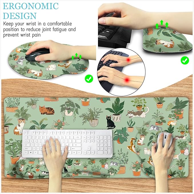 Cat Mouse Pad XXL Desk Mat Set, Green Ergonomic Mouse Pad with Wrist Rest, Large Gaming Mousepad Wrist Support Keyboard Mat Cup Coaster Set Cute Office Desk Decor Accessories