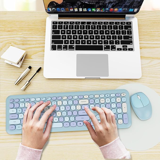 Wireless Keyboard and Mouse Combo, Colorful Ergonomic Full Size Retro Low-Noise Keyboard with Cute keycaps, Compatible with Windows, PC, Perfer for Home and Office Keyboards (Blue)