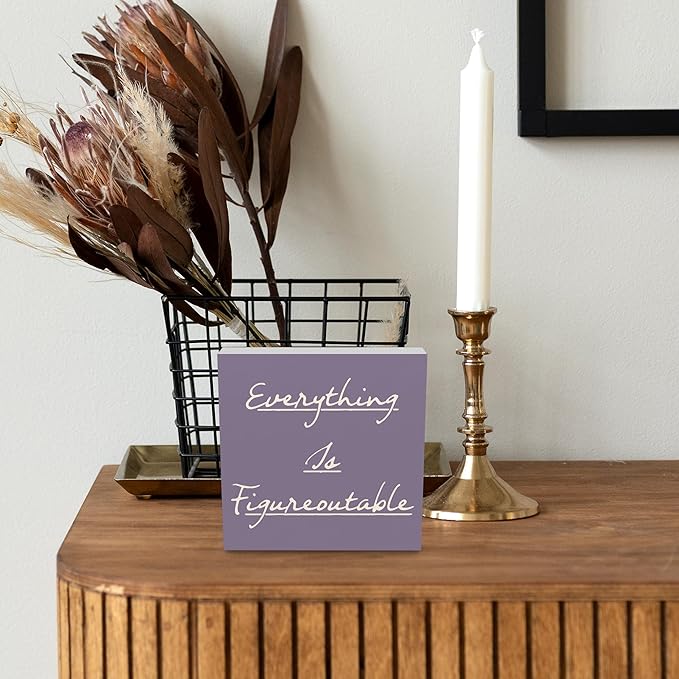 Inspirational Purple Office Decor, Every Thing is Figure Outable Motivational Office Accessories Wooden Box Sign, Positive Gifts for Women, Men Wall Desk Shelf Tabletop Decoration 5x5In