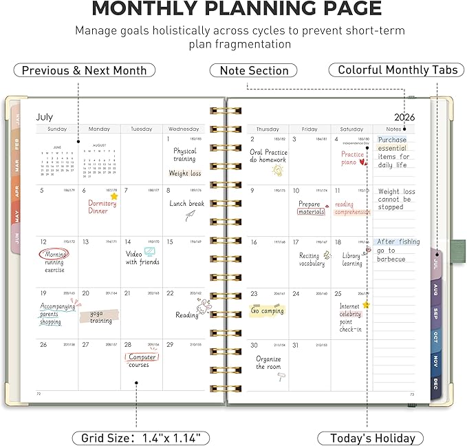 RETTACY 2026 Planner, Weekly and Monthly, Medium Size (5.7" x 8.3"), Jan - Dec 2026, Agenda, Calendar, 12 Month Tabs, Hardcover, 100 GSM Thick Paper, Spiral-bound (Light Green)