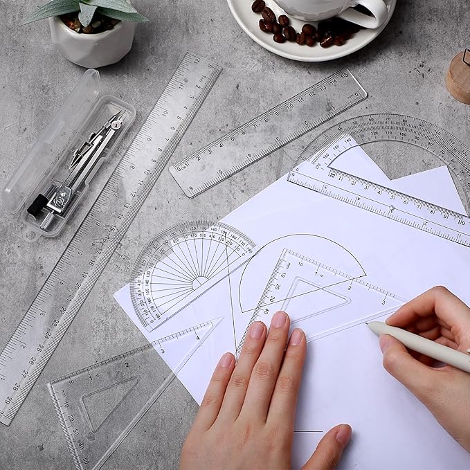 Zonon 1 Set Plastic Geometry Math Set Includes Drawing Compass, 6 and 4 Inch Protractor, 45/60 Degree Triangle Rulers 12 and 6 Inch Math Ruler Transparent for Office Supplies(Clear)