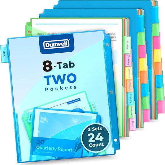 Dunwell 2-Pocket 8 Tab Binder Dividers (3 Sets, 24 Count), Plastic 8 Subject Notebook Dividers with Pockets for 3-Ring Binders, Durable Binder Pocket with Colorful Tabs, Letter Size