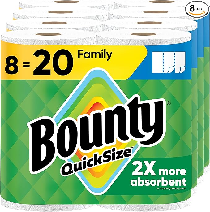 Bounty Quick Size Paper Towels, White, 8 Family Rolls = 20 Regular Rolls (Packaging May Vary)