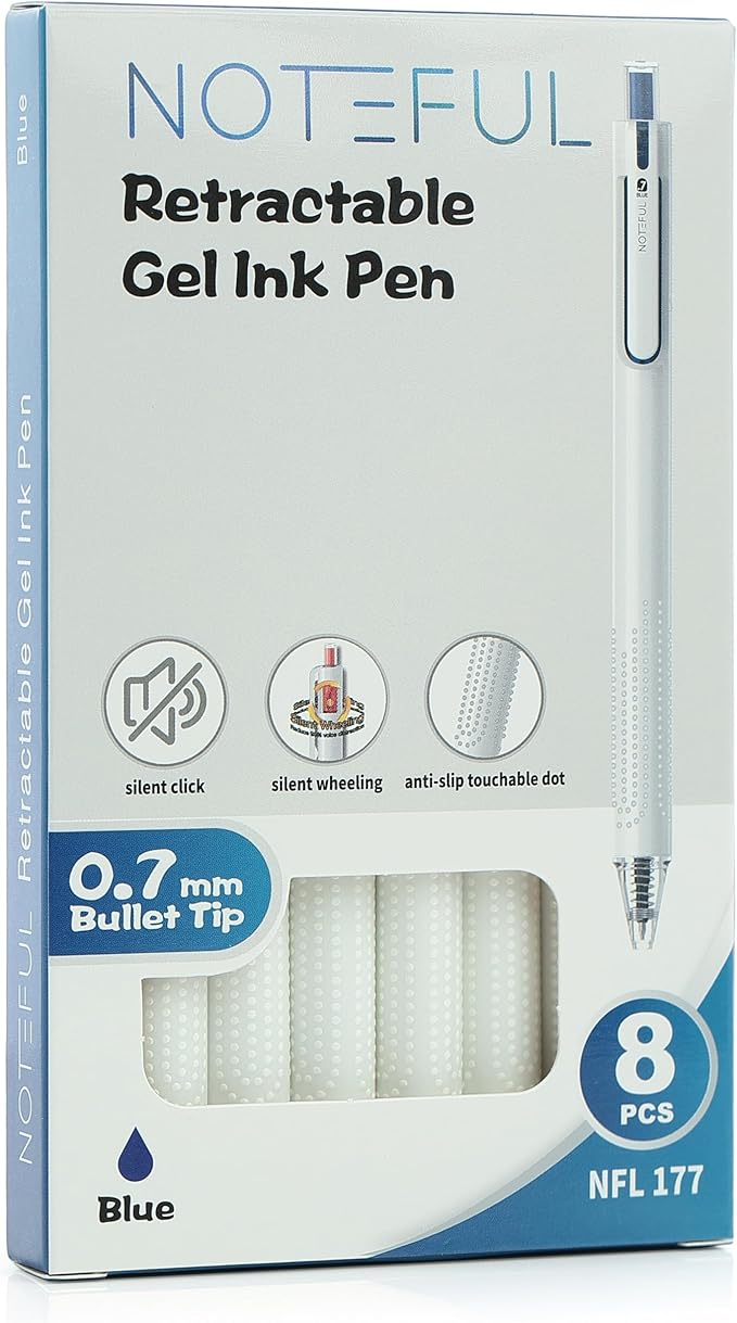 Silent Click Gel Pens For Journaling, Smooth Writing Pen, Blue Gel Ink Medium Point Pens (0.7 mm), Pack of 8