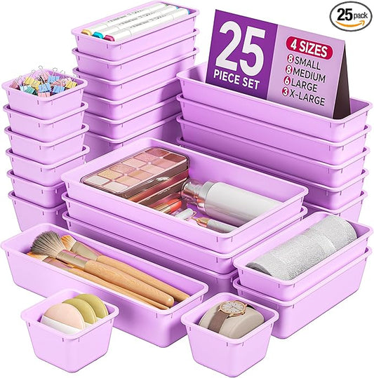 25 PCS Plastic Drawer Organizers Set, 4 Sizes Vanity Organizer, Makeup and Desk Drawer Organizer Trays, Organization and Storage for Makeup, Bathroom, Kitchen Utensils and Office (Purple)
