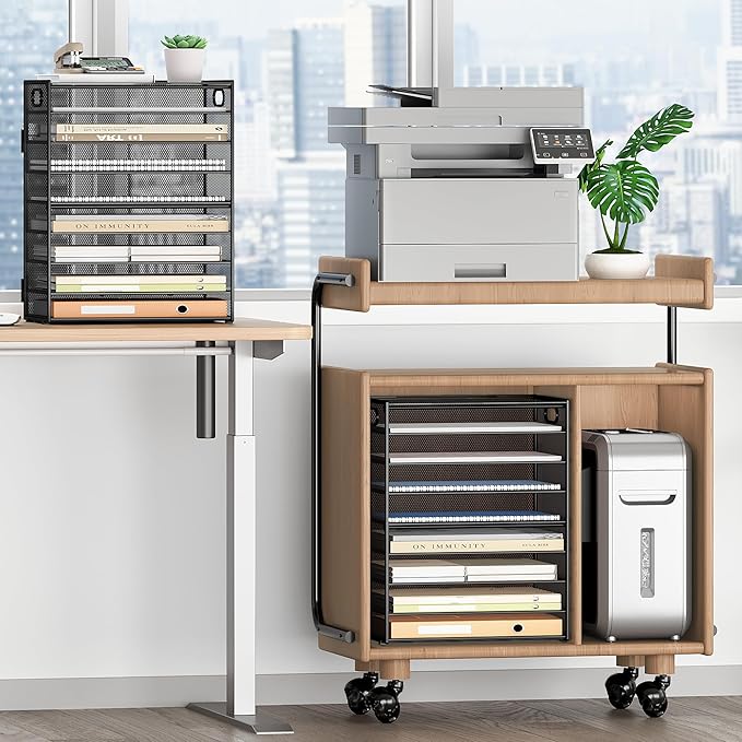 SUBEKYU 9 Tier Paper Organizer for Desk - Black Metal Mesh Letter Tray File Paper Sorter Organizer Include 6 Pcs Adjustable Height Slid Tray with Handles for Office School Home Organization Storage