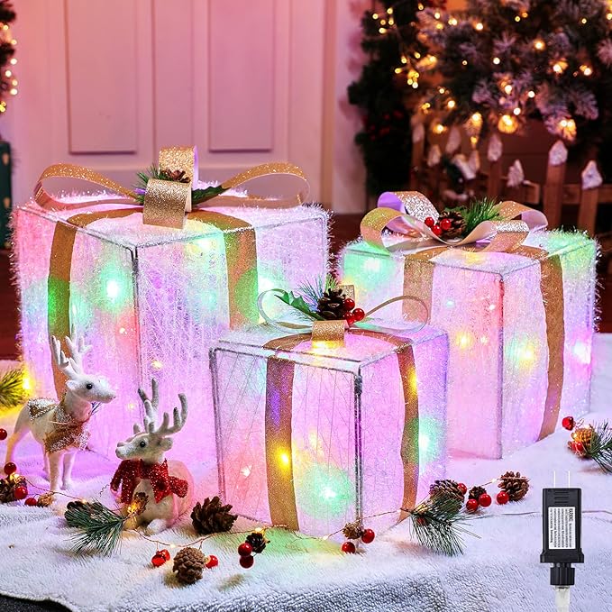 Set of 3 Christmas Decorations Lighted Gift Boxes with Bows，12" 10" 8" with 60 Pre-Lit Mini String Lights，Foldable LED Xmas Present Boxes for Tree Indoor Outdoor Holiday Party Yard Home Decor