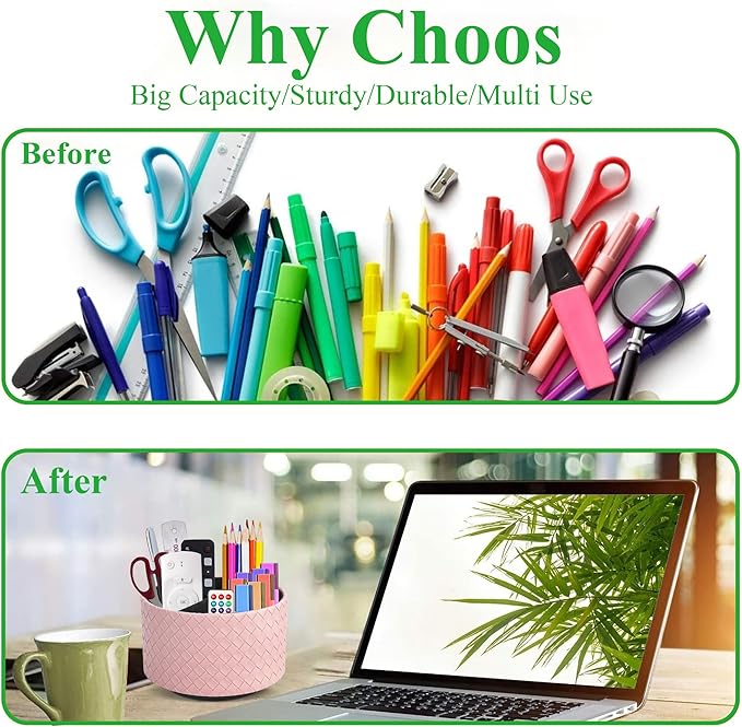 Hennaja Round Leather Art Supply Organizer,Remote Control Holder,360 Degree Spinning,Multi-Functional Pencil Holder,4 Compartments Desktop Stationary Organizer(1-Weave Pink)