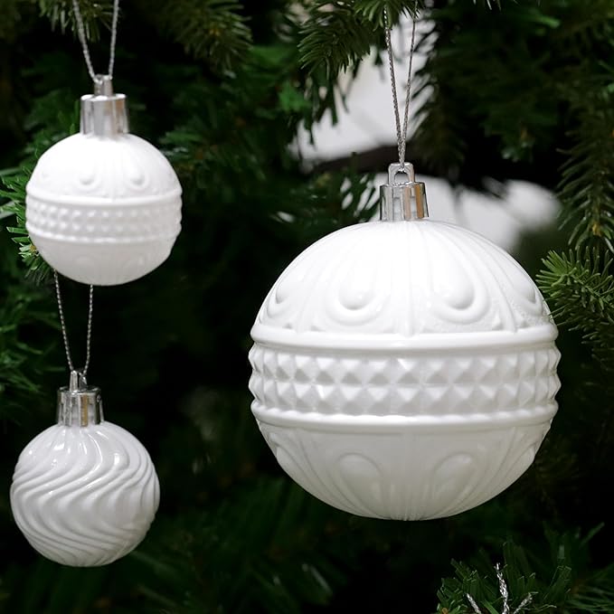 Senjie 36pcs Shatterproof Multi-Size Multi-Style White Christmas Ornaments