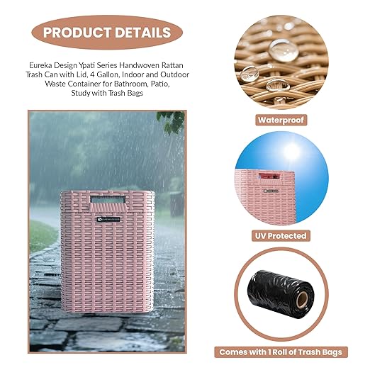 Ypati Handwoven 4 Gallon Rattan Trash Can with Lid, Boho Style Decorative Indoor and Outdoor Trash Bin with Shelf, Waste Basket for Bathroom, Patio, Study, with Trash Bags, Macaron Pink, Eureka