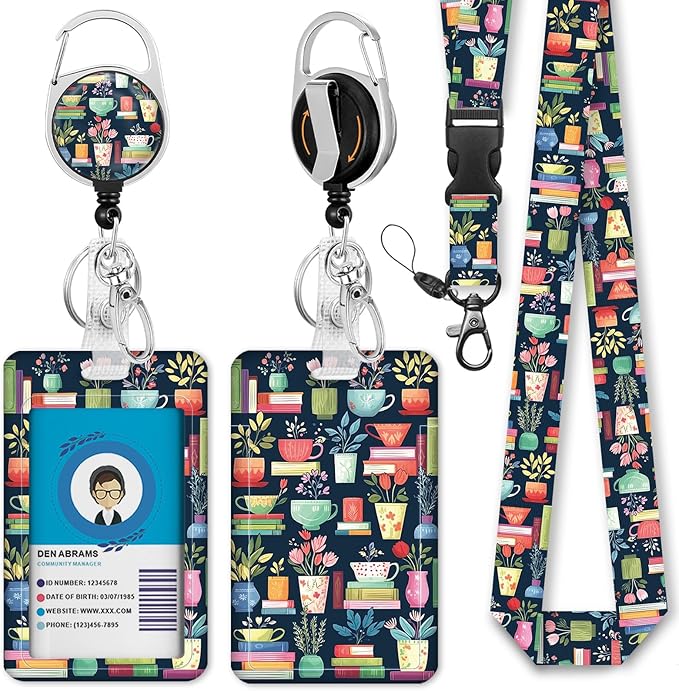 Gctriki Book Lanyards for Id Badges, Cute Badge Holder with Retractable Badge Reel Clip, Teacher Lanyard with ID Holder Keychain Clip Name Tag ID Card Holder for Women Work Office Accessories Gift