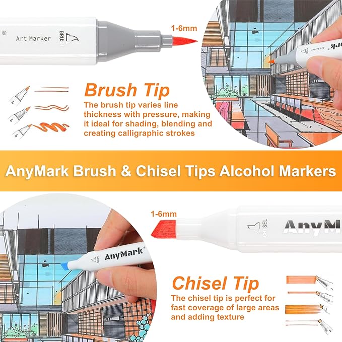 AnyMark Alcohol Markers Brush Tip, 80+1 Colors Dual Tip Brush & Chisel Alcohol-Based Art Markers Set with Case for Adult Artists Drawing Coloring