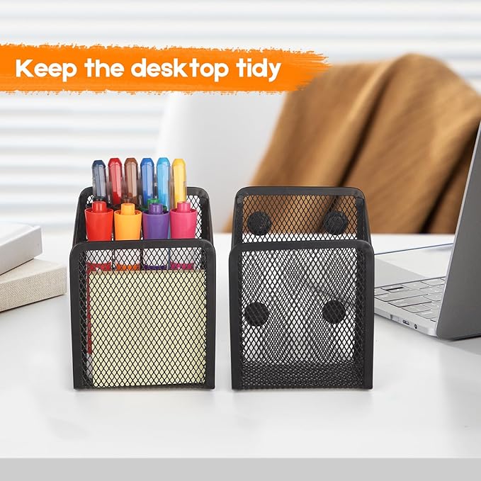 Ameceres Magnetic Pencil Holder - Extra Strong Magnets Mesh Marker Holder Perfect for Whiteboard, Refrigerator and Locker Accessories (1 Basket, 2 Packs Black)