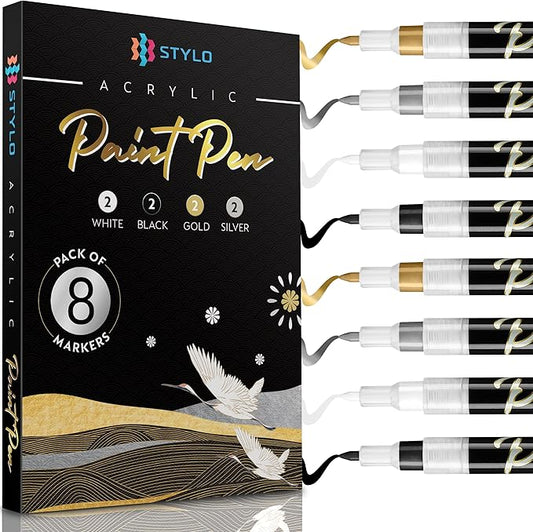 Stylo 8 Count Acrylic Metallic Pens - White, Black, Gold and Silver Fine Tip Permanent Acrylic Metallic Paint Pens for Glass, Wood, Back to School Supplies, Ideal for Arts and Crafts (8 Multicolor)