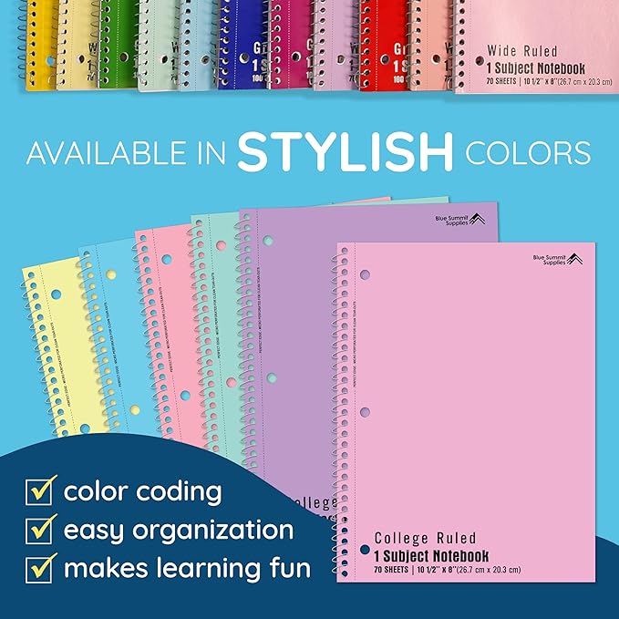 Blue Summit Pastel Spiral Notebook College Ruled, One Subject School Notebooks Spiral, Perforated Notebooks Bulk, 8 x 10.5 School Book, Paper, College Ruled, 6 Pack