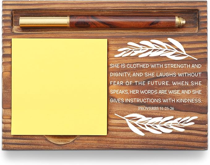 Christian Desk Organizer, Bible Verse Sticky Note Holder, Proverbs 31:25 She is Clothed with Strength and Dignity, Religious Gifts for Women, Christian Leaders, Believers TZP104