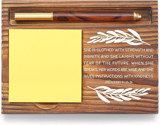Christian Desk Organizer, Bible Verse Sticky Note Holder, Proverbs 31:25 She is Clothed with Strength and Dignity, Religious Gifts for Women, Christian Leaders, Believers TZP104