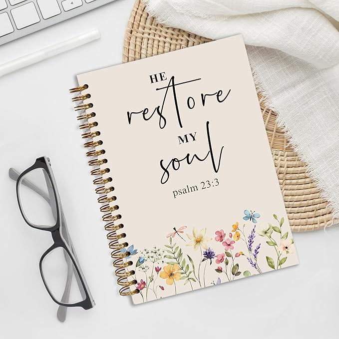 Bible Notebook, A5 Spiral Christian Journal with Floral Pink Butterfly Notebook, Bible Verse-He Restores My Soul, Inspirational Notebooks for Women, Bible Study, Gift for Birthday Christmas