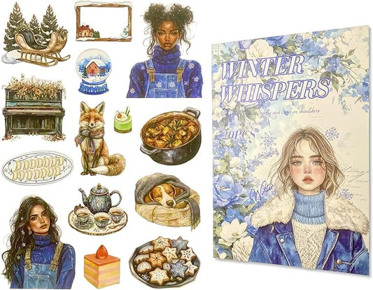 TIAMECH Winter Whispers Sticker Book - Christmas Girl Series, 20 Sheets PET & Washi Stickers for Scrapbooking, Ephemera, Waterproof Junk Journaling Supplies & DIY Crafts (Size 10.5 x 7.1in)