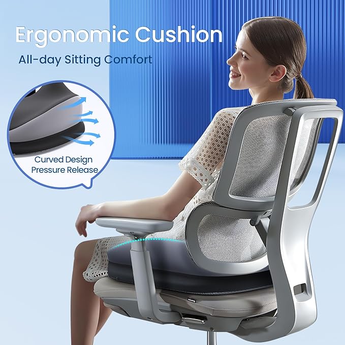 Benazcap Large Seat Cushion for Office Chair Memory Foam Coccyx Pain Relief Cushion Pillow for Back Support Non-Slip Seat Pad