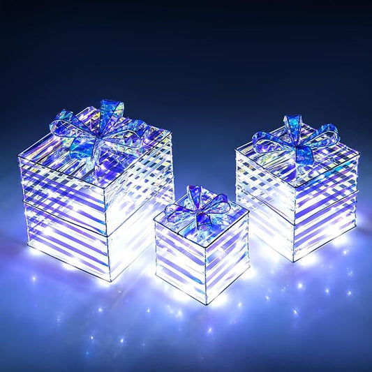 Tangkula Set of 3 Christmas Lighted Gift Boxes, Pre-lit 90 LED Light Up Present Box Decorations with Bows and Plug, Indoor Outdoor Xmas Boxes for Christmas Tree, Holiday Party Decorations