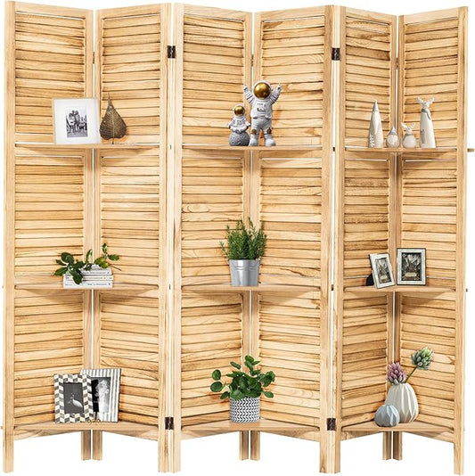 NicBex 6 Panel Room Divider,5.6FT Wood Carved Room Dividers with Display Shelves Folding Privacy Screens Portable Freestanding Partition Wall Dividers for Room Separation, Bedroom Office,Natural Wood