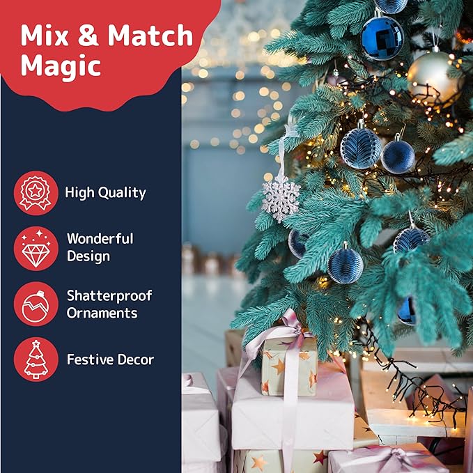 PREXTEX 36 Piece Blue Christmas Ornaments Set with Hanging Loops - Durable, Shatterproof Christmas Balls in 3 Sizes and 6 Styles - Midnight Blue Xmas Decorations for Trees, Wreaths, and Holiday Decor