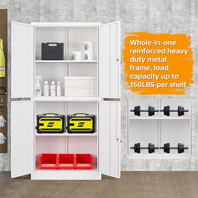 STANI Metal Storage Cabinet, Locking Steel Cabinet With 4 Doors and 2 Adjustable Shelves, 71" Lockable File Cabinet for Home Office, Garage, School (White)