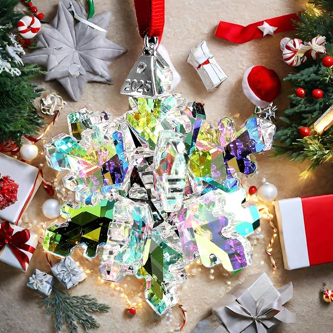 Annual Edition 3D Ornament 2025 Crystal Christmas Ornaments,Christmas Tree Ornaments Crystal Sun Catcher Home Hanging Decor,Holiday Christmas Decor & Collector’s Gift (3D-Colorful)
