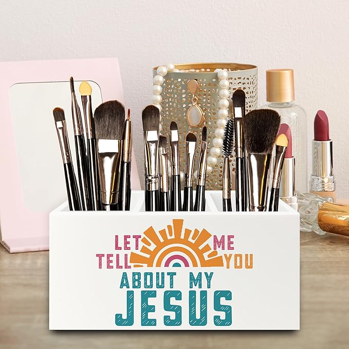 Boho Jesus Christian Pen Pencil Holder Organizer for Desk, Let Me Tell You about My Jesus Bible Verse Wooden Box Signs Decorations for Home Office Desk Tabletop