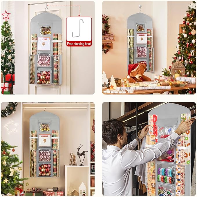 Hanging Gift Wrapping Paper Storage, 40"X17" Grey Double-Sided Christmas Wrapper Bag Container, Oxford Craft Roll Organizer, Present Wrap Holder for Bedroom Closet, Door, Cabinet