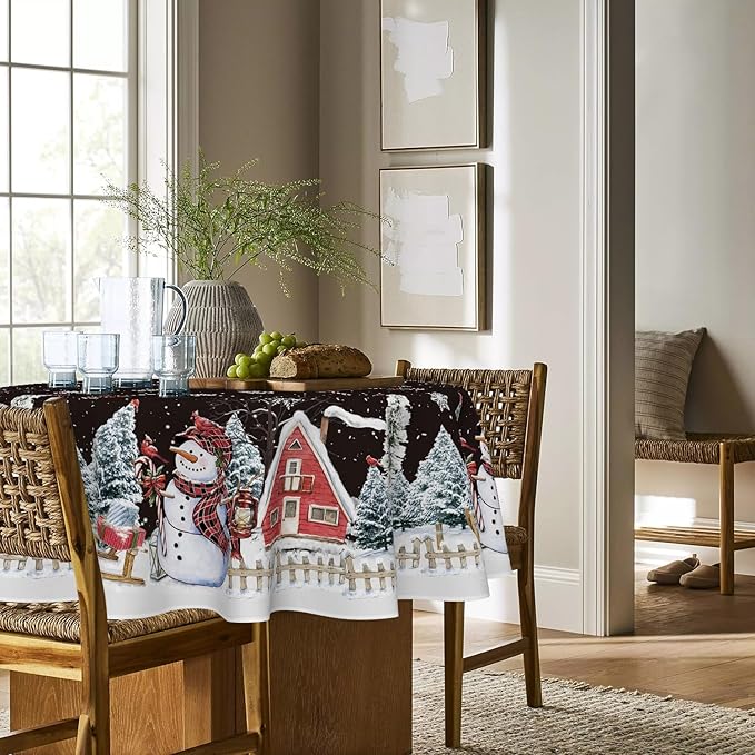 Horaldaily Christmas Tablecloth 90×90 Inch Round, Winter Snowman House Christmas Trees Black Washable Table Cover for Party Picnic Dinner Decor