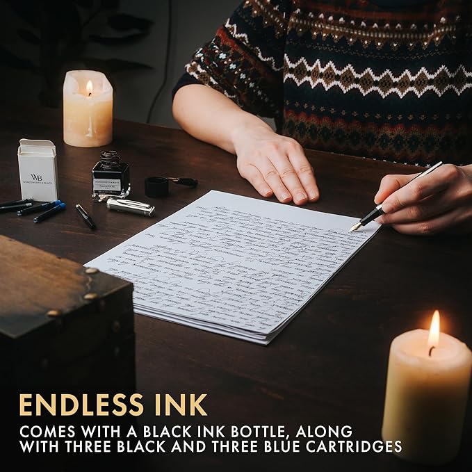 Wordsworth & Black Fountain Pen Set,18K Gilded Medium and Extra Fine Nib,25ML Black Ink Bottle,6 Ink Cartridges,Refill Converter,Gift Box,Smooth Writing Pen [Silver Chrome],Gift Set for Men and Women