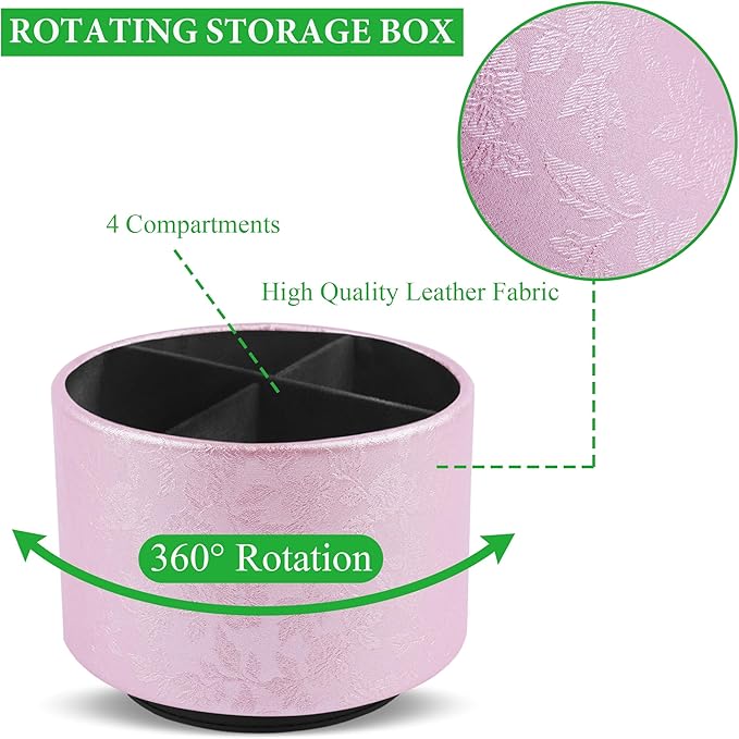 lizimandu Round Leather Art Supply Organizer,Remote Control Holder,360 Degree Spinning,Multi-Functional Pencil Holder,4 Compartments Desktop Stationary Organizer(1-Liuli Pink)