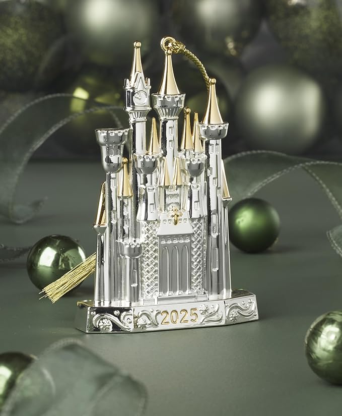 Lenox Ornament, 2025 Cinderella Castle Silverplate Ornament, Silverplated Stainless Steel Material with Gold Accents, Gold Hanging Cord, Christmas Decoration, Tree Decor, Christmas Ornaments (1 Piece)