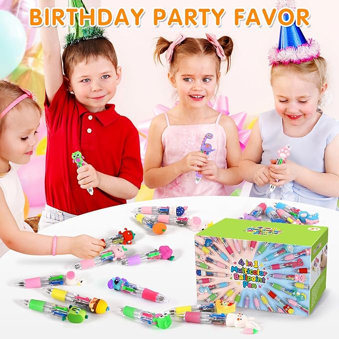 arscniek 100Pcs Multicolor Pen in One, 4-in-1 0.5mm Fine Point Cute Pens, Fun Kawaii Ballpoint Pen for Party Favors, Classroom Prizes, Teacher School Supplies, Bulk Gifts for Students