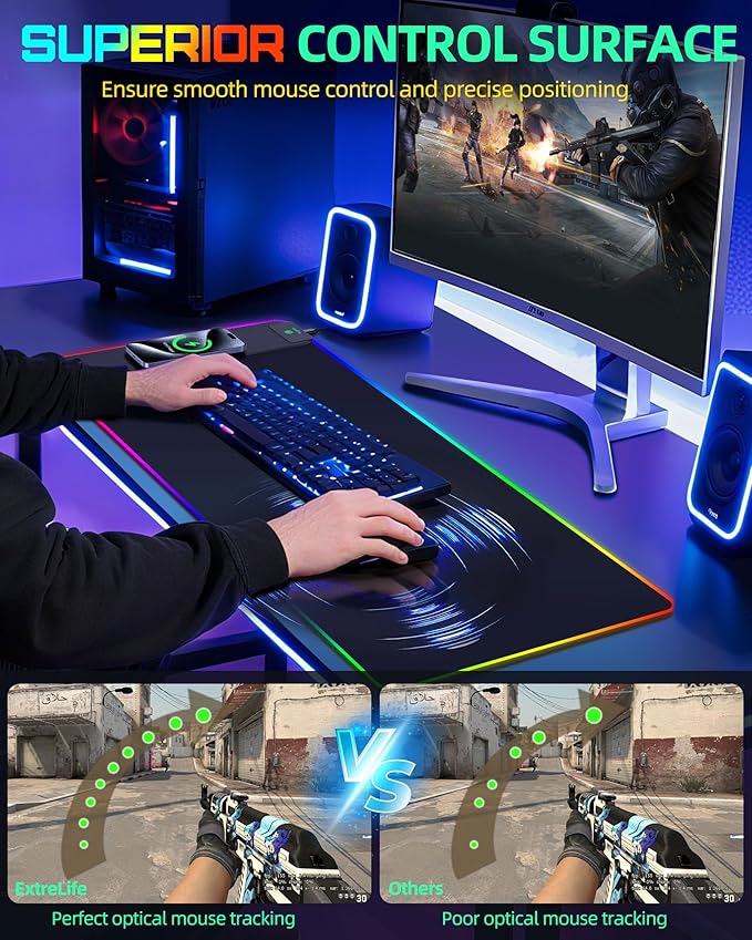 Mouse Pad with Wireless Charging, RGB Gaming Desk Mat, Large XXL Desk Pad, 15 Lighting Modes, Ultra-Smooth Surface, Non-Slip Mouse Mat, Waterproof Computer Keyboard Pad for Gamer, 800x400x4MM, Black