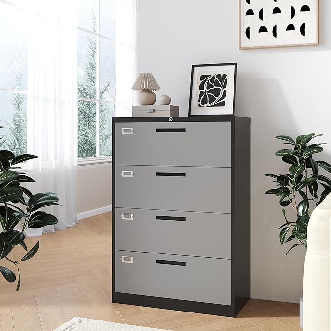 Metal Steel 4 Drawer Lateral File Cabinet with Lock, Filling Cabinets for Home Office, Lockable Storage Cabinet for Hanging Files Letter/Legal/F4/A4 Size-Assembly Required