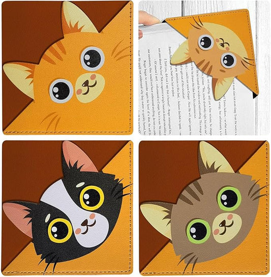 Funny Cat Bookmarks, Personalized Leather Book Marks Clip Set of 4,Cute Corner Page Book Accessories for Women, Kids, Teachers Students Book Lovers Reading,for School Office Home Supplies