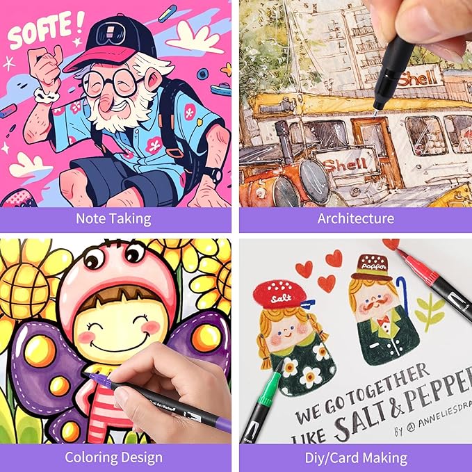 Dual Tip Markers, Double Brush Art Markers Set with Fine Tip and Brush Tip for Adult Coloring Book, Hand Lettering, Calligraphy & Drawing, Art Supplies Kit for Kids and Adults (100 Colors)