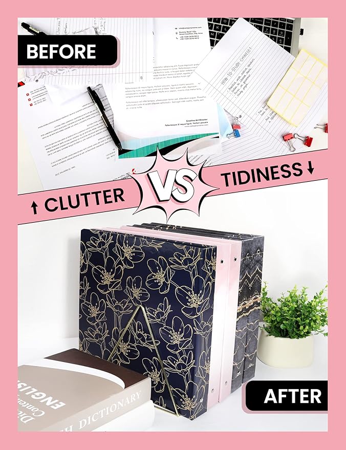 SUNEE 3 Ring Binder 1 Inch Cute Binder with 2 Pockets, Decorative Pink Marble Three Ring Heavy Duty (Fit 8.5x11 Inches) for School Supplies, Office Supplies