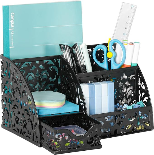 EasyPAG Pen Holder Desk Organizer with Drawer Pencil Cup for Desk 6 Compartments Metal Office Caddy Storage with Sticky Notes Holder for School Home Office, Black