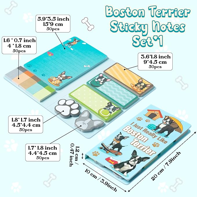 Xqumoi I Just Really Like Boston Terrier Sticky Notes Set, 550 Sheets, Cute Boston Terrier Self-Stick Notes Pads Animal Divider Tabs Bundle Writing Memo Pads Page Marker Back to School Office Supplies