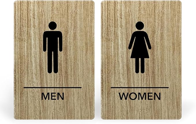 Promot Men and Women Restroom Sign – ADA Braille Bathroom Sign for Business, Self-Adhesive, 9" x 6", Commercial Door Signage, Office Wall Decor - Almond