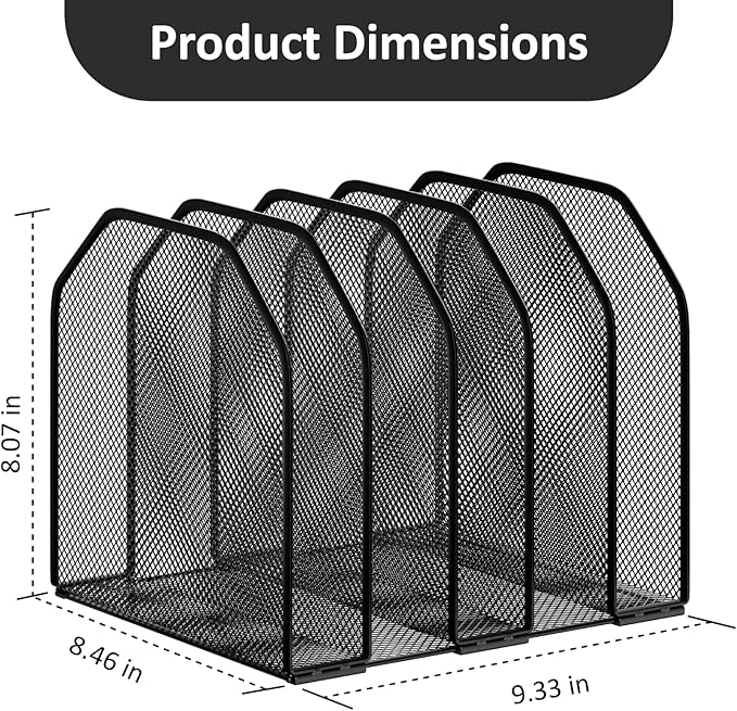 Desk File Organizer, Adjustable 5 Sections Upright Desktop Organizer File Sorter, Sturdy Metal Mesh Vertical Bookshelf File Holder Workspace Accessories for Home,School,Office Classroom,Black